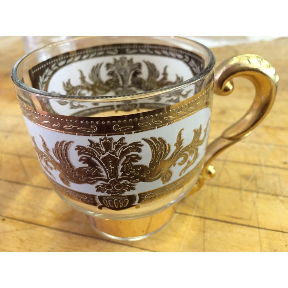 6 Vintage CULVER STEEL HANDLES GOLD DESIGN MID CENTURY  CUPs